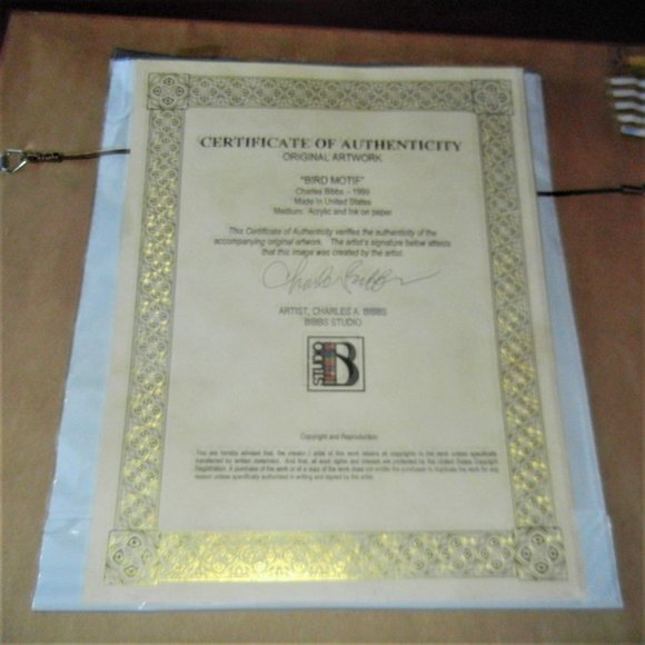 Charles Bibbs 1999 ORIGINAL Artwork "BIRD MOTIF" Framed with COA - Picture 6 of 6